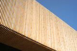 Fototapeta Kwiaty - Modern facade and ceiling made of larch wood strips in the outdoor area