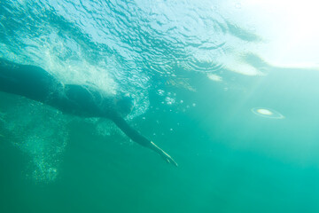 Wall Mural - Athlete in a wetsuit swims in a lake