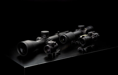 Wall Mural - Various optical and collimator sights on a dark back. Sniper optical devices for long-medium range shooting.