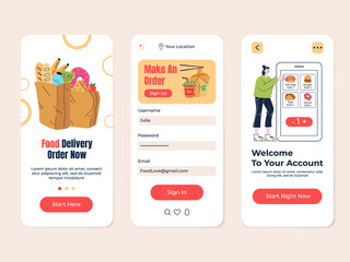 Food grocery delivery shop cafe searching mobile app vector flat modern design