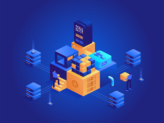 Cryptocurrency mining isometric abstract concept. Digital money mining farm with server rack, blockchain technology, data analysis, financial tools. Vector character illustration in isometry design