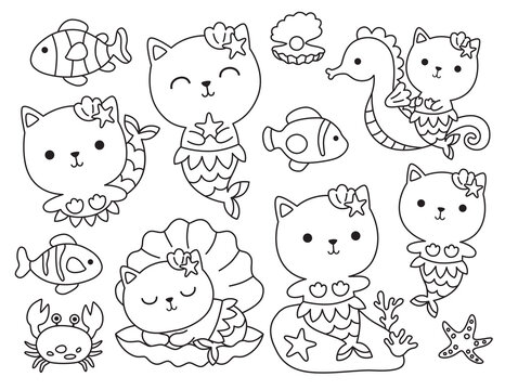 Fototapete - Set of cute cat mermaid and fishes, starfish, crab, shell outline coloring vector illustration with live stroke.