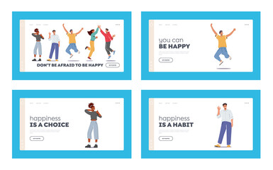 Wall Mural - People Feel Positive Emotions Landing Page Template Set. Male Female Characters Give Highfive, Show Ok Gesture, Jump