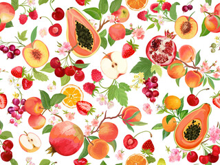 Wall Mural - Seamless peach, strawberry, black currant, cherry, apple, mandarin, orange pattern with summer fruits background