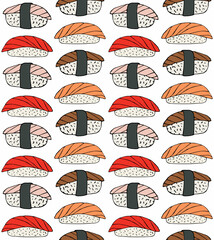 Wall Mural - Vector seamless pattern of hand drawn doodle sketch sushi roll isolated on white background