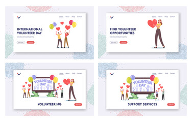 Wall Mural - Volunteering Landing Page Template Set. Volunteers Male Female Characters Celebrate International Volunteer Day