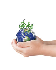 Canvas Print - hand holding globe earth with green bicycle isolated on white background. environment day concept. e