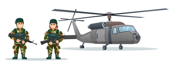 Wall Mural - Cute male and female army soldiers holding weapon guns with military helicopter cartoon illustration