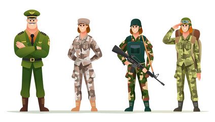 Wall Mural - Army captain with woman soldiers in various camouflage uniforms character set