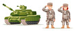 Cute boy and girl army soldier characters with tank cartoon illustration