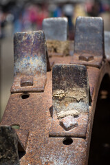 Canandaigua NY Steam Engine Association Pageant of Steam on Saturday, Aug 14, 2021.  Close-up of the metal spikes on a metal wheeled tractor at the show.  Upstate NY.  Antiques on display.