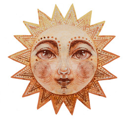 Wall Mural - Watercolor sun with face, cute mystical watercolor drawing for astrology, boho design. Pagan divine illustration isolated on white background.