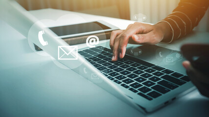 Contact us concept, Operators receive email news from customers who report problems using the service, Customer relations department via email and call center.