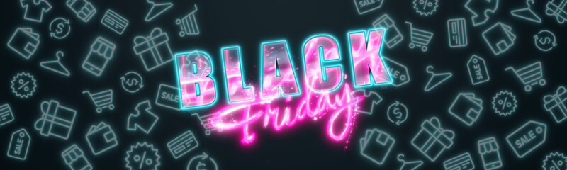 Wall Mural - Black Friday sale flyer. Commercial discount banner. Pink letters on a black background. Sales, discounts, price drops, poster, website header. 3D illustration, 3D render.