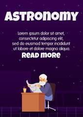 Wall Mural - Astronomy web banner or poster with scientist, flat vector illustration.