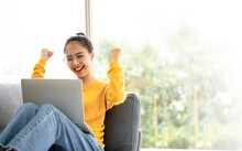 Excited Female Feeling Euphoric Celebrating Online Win Success Achievement Result, Young Asian Woman Happy About Good Email News, Motivated By Great Offer Or New Opportunity