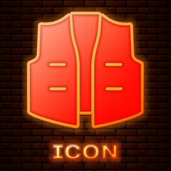 Sticker - Glowing neon Fishing jacket icon isolated on brick wall background. Fishing vest. Vector