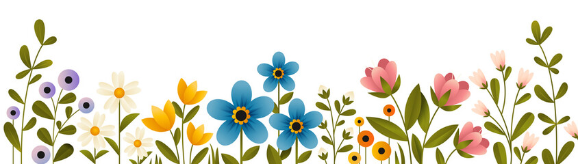Banner with multicolored blooming flowers and plant branches. Summer flowers flat vector illustration on white background.