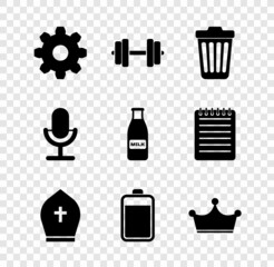 Wall Mural - Set Cogwheel gear settings, Dumbbell, Trash can, Pope hat, Battery and Crown icon. Vector