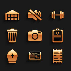 Sticker - Set Photo camera, Medical clinical record, Paper financial check, Clinical, Pope hat and Trash can icon. Vector