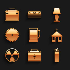 Sticker - Set Glass of beer, Car battery, Lighter, Church building, Radioactive and Circular saw blade icon. Vector