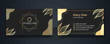 Business Card - Gold Floral Frame And Leaves Nature Gold Aesthetic Lines On Dark Black Background
