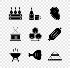 Sticker - Set Pack of beer bottles, Beer and glass, Steak meat, Barbecue grill, Chicken leg, Massive steel chandelier, Musical drum sticks and Wooden barrels icon. Vector