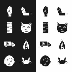 Sticker - Set Pet, Medicine bottle and pills, Hand with psoriasis or eczema, Inhaler, Emergency car, Kidney beans, Crab and Inflammation on face icon. Vector