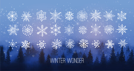 Wall Mural - Christmas greeting card with white snowflakes on blue winter night forest background.