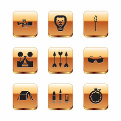 Wall Mural - Set Sniper optical sight, Tourist tent, Bullet and cartridge, Hipster arrows, Medieval spear, Canteen water bottle and Bear head on shield icon. Vector