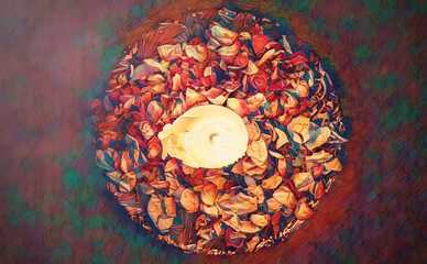 Poster - ceremonial candle on a bowl with rose lupines and mosaic structure.