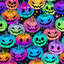 Seamless Pattern Of Bright Multicolored Haloween Pumpkins