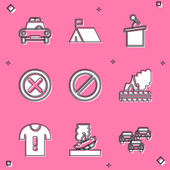 Sticker - Set Police car and flasher, Protest camp, Stage stand or tribune, X Mark, Cross in circle, Ban, Lying burning tires, T-shirt protest and Burning icon. Vector