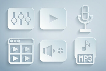 Sticker - Set Speaker volume, Microphone, Music playlist, MP3 file, Play button and Sound mixer controller icon. Vector