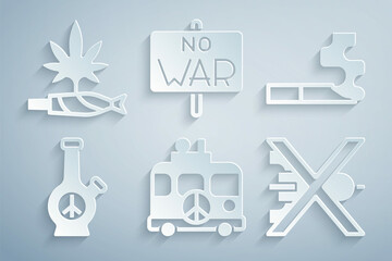 Sticker - Set Hippie camper van, Cigarette, Bong, No war, and Marijuana joint, spliff icon. Vector