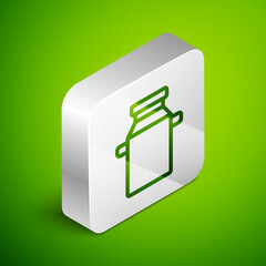 Sticker - Isometric line Can container for milk icon isolated on green background. Silver square button. Vector