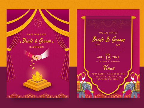 Indian Wedding Card Template With Fire Pit (Agnikund) In Pink And Orange Color.