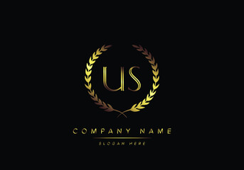 Alphabet letters US monogram logo, gold color, luxury style