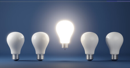 Wall Mural - Glowing light bulb on bright between others on dark blue background, Leadership, great idea, electric power energy, Minimal lightbulb among a lot of turns off light bulbs, 3D rendering illustration