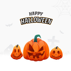 Sticker - Happy Halloween Celebration Poster Design With Scary Pumpkins On White Background.