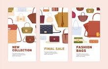 Set Of Flyer Template Designs With Bag Sale Promotion. Advertising Banner With Discount Offer. Vertical Ad Cards With Women Leather Fashion Handbags. Colored Flat Vector Illustrations For Printing