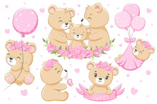 A Collection Of Cute Family Of Bears, For Girls. Flowers, Balloons And Hearts. Cartoon Vector Illustration.