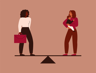 Work-life balance concept. Businesswoman and female with a baby on her hands stand on the scales. Childminder and Working mother are equal. Maternity and career vector illustration
