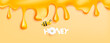 © YarM - Honey syrup flowing from the top of the screen, bee illustration icon and honey text made of sticky paper with 3d white flower instead of o letter