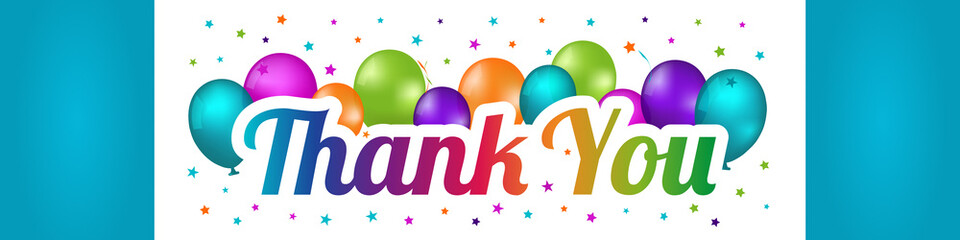 Thank You Banner - Colorful Vector Illustration With Balloons And Confetti Stars