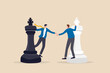 © Nuthawut - Negotiation strategy, win-win situation, partnership instead of confrontation in competition, merger or agreement concept, businessman competitors standing on chess handshaking after finish agreement.