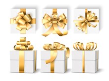 Realistic Gift Boxes. 3d White Holiday Packaging Mockup, Gold Ribbons And Different Bows, Gift Wrap Templates, Top And Side View. Vector Set