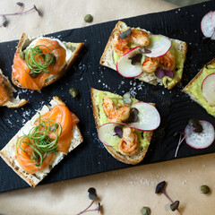 Poster - Healthy bruschetta with salmon and shrimps