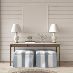 Coastal design room. Mockup frame in cozy home interior background. Hampton style 3d render illustration.