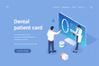 Personal digital card of patient dentistry. Dentists look at clients dental pictures in online document. Protected account with medical health data. Vector home page isometric template